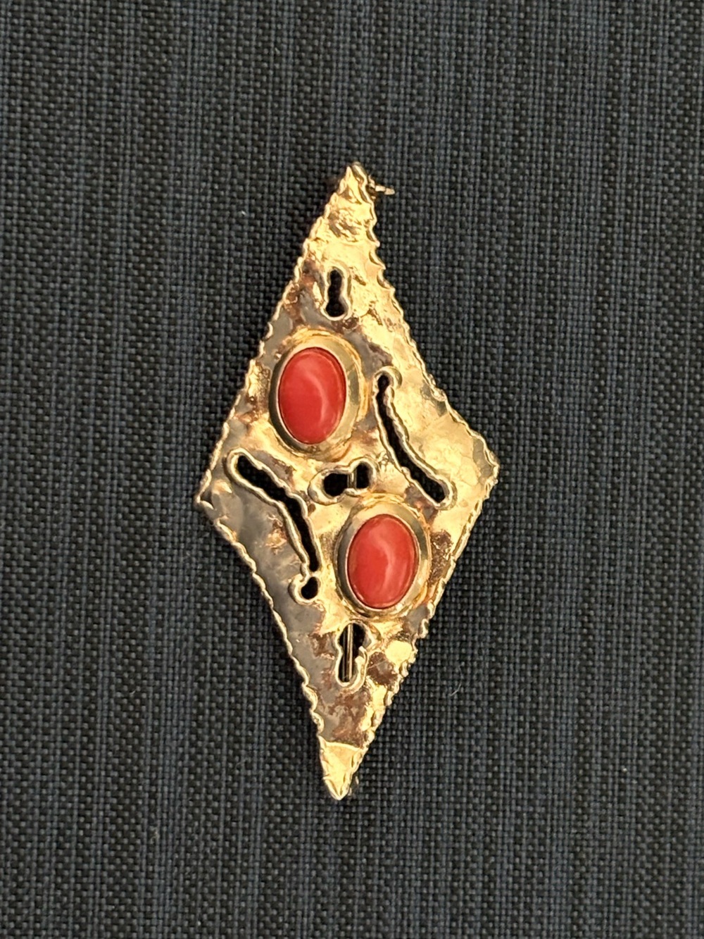 Estate Vintage Vermeil Sterling Silver Rhombus Diamond Shape Red Coral Pin
